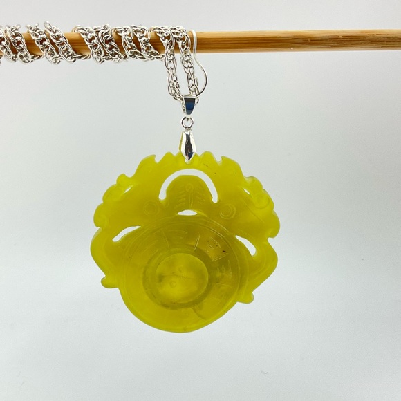 Jade Dragon Spinner Pendant, Handmade, Yellow Green Jade, Unisex, 24" L - Picture 8 of 10